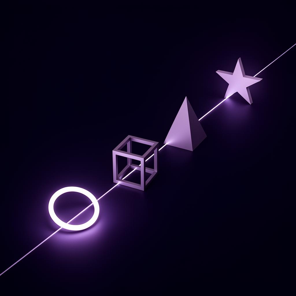 Illustration éditoriale : un cercle, un cube, une pyramide et une étoile alignés en diagonale ascendante — méthode STAR.